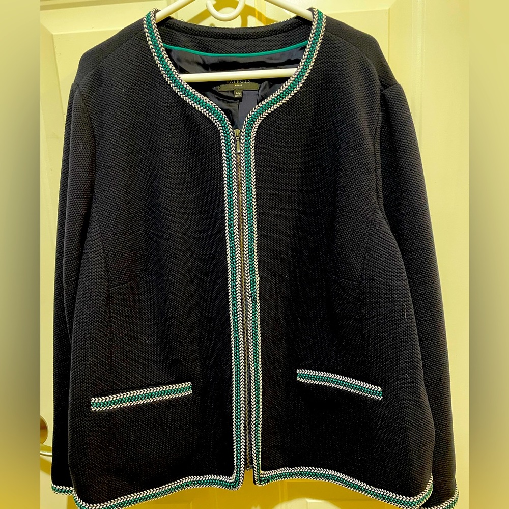 NEW Talbots Size 24W Navy Blazer Textured Zip Front Jacket Braid Accent Classic